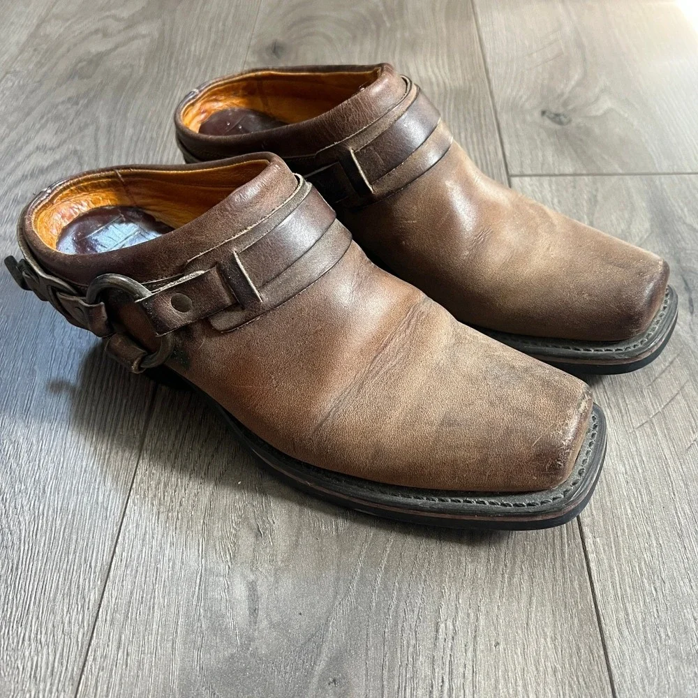 Frye Brown Leather Mule Clogs with Buckle Detail - Picture 1 of 15